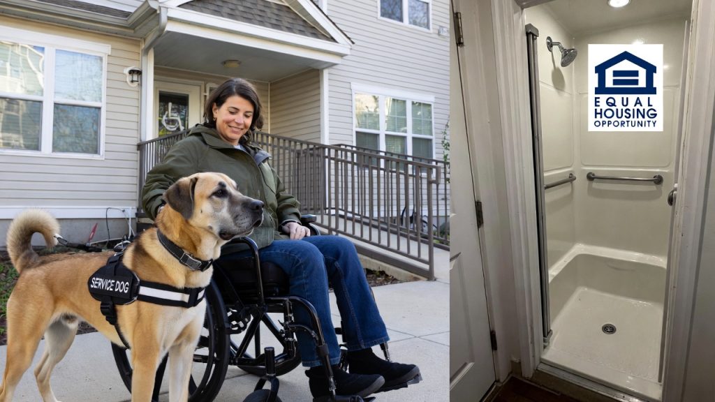 A professional woman with a service dog sitting in a living room, symbolizing legal protection under the Fair Housing Act and ADA.