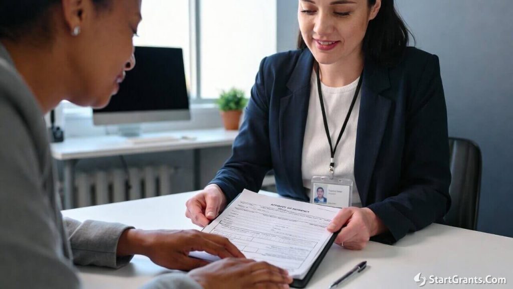 A compassionate county social worker helping a distressed, low-income family member fill out an affidavit for an indigent burial program.