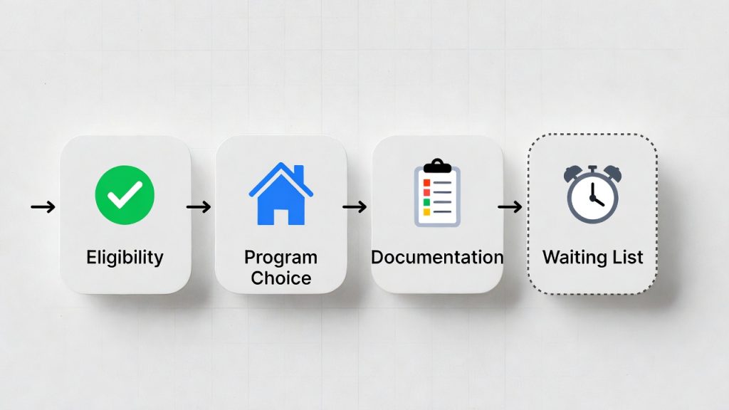 A detailed infographic showing the HUD disability housing application process, including Section 811 and Mainstream Vouchers.