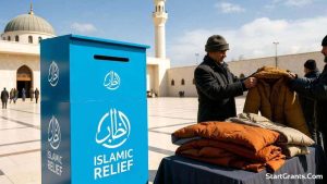 The iconic blue Islamic Relief clothing donation bin located at a local mosque for Sadaqah.
