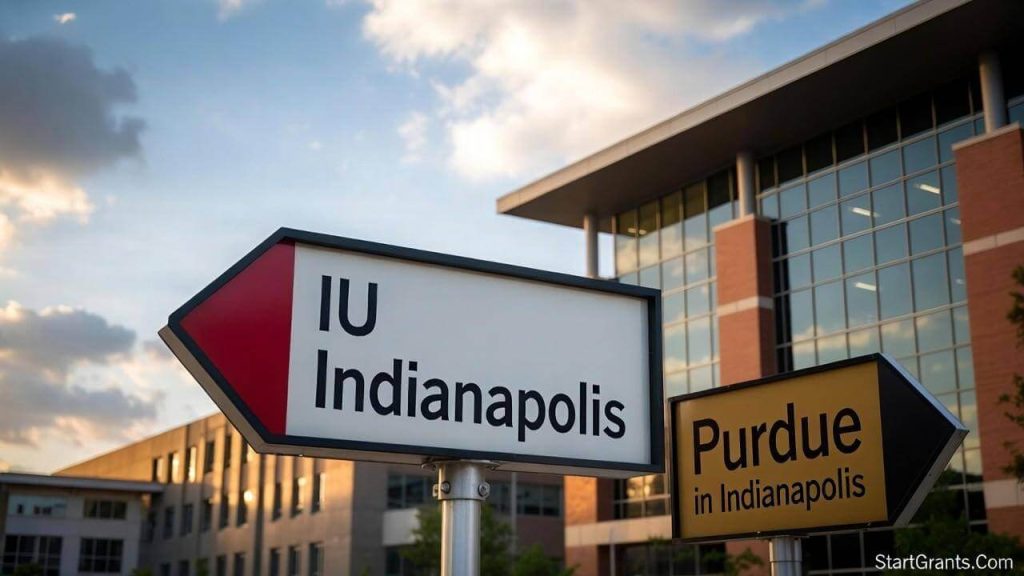 Directional signage for IU Indianapolis and Purdue University in Indianapolis following the IUPUI split.