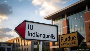 Directional signage for IU Indianapolis and Purdue University in Indianapolis following the IUPUI split.