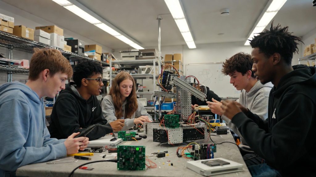 High school students building a robot in a STEM lab funded by grants.
