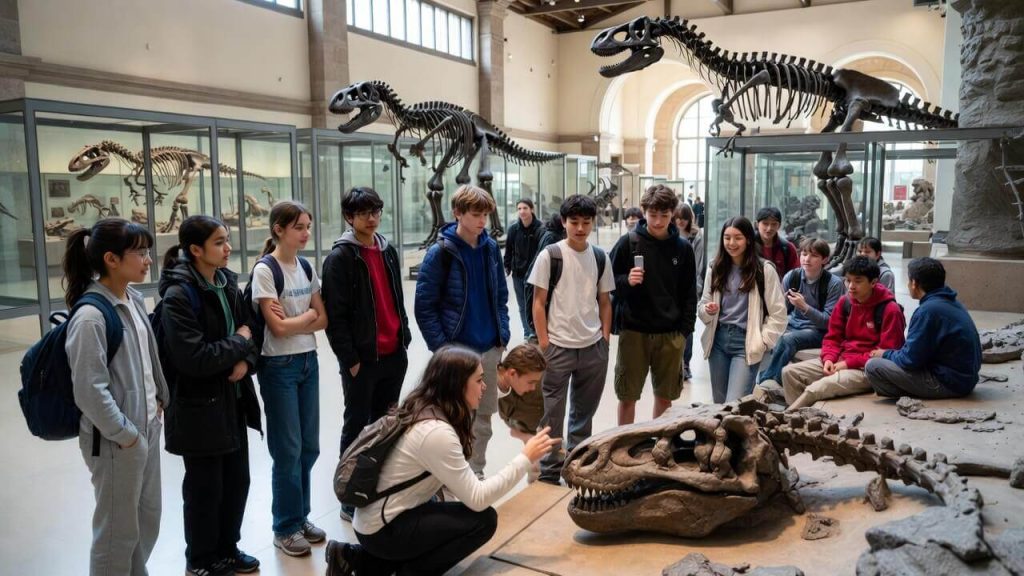 Students looking at dinosaur fossil during a funded science field trip at a natural history museum.