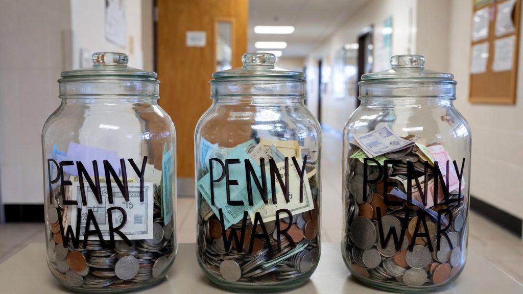 Penny war fundraising jars in a school hallway.