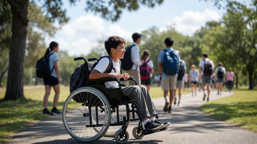 Student in wheelchair participating in an accessible field trip funded by inclusion grants.