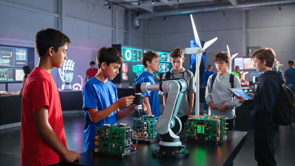 Students engaging with interactive STEM exhibits at a science museum.