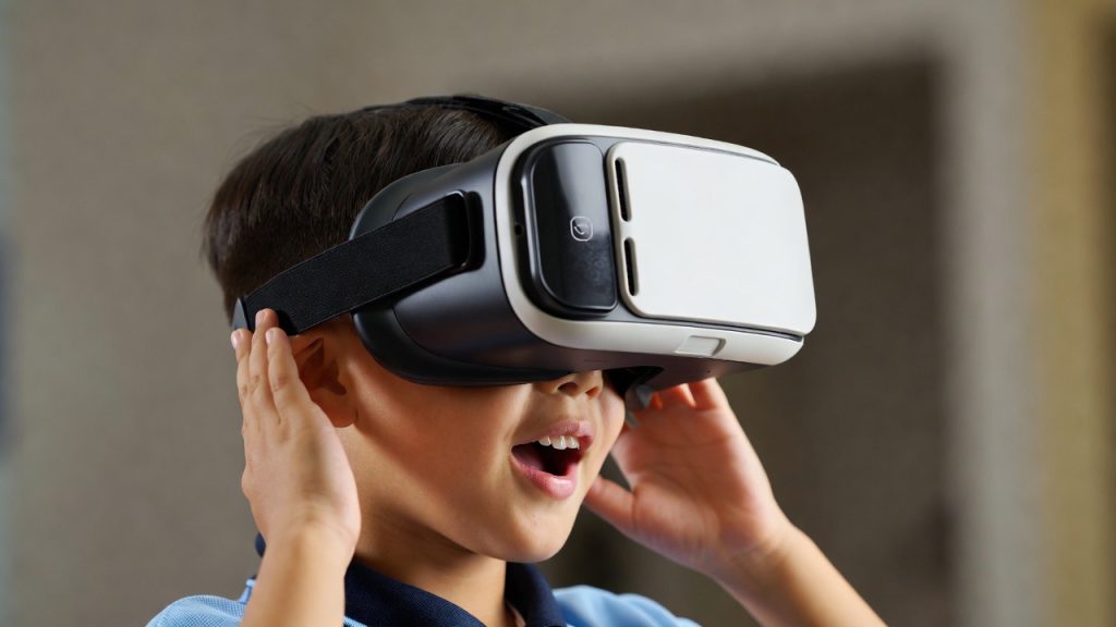 Elementary student wearing virtual reality headset looking amazed.
