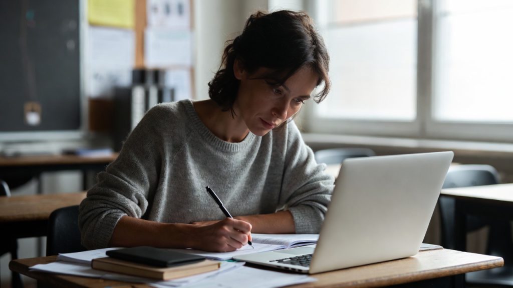 Teacher writing a grant proposal for school funding.