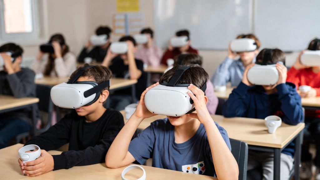 Students using VR headsets for a virtual field trip in the classroom.