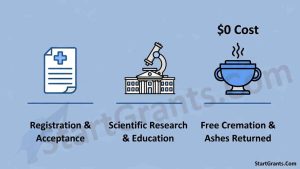 An infographic explaining the whole body donation process to medical science, highlighting it as a zero-cost alternative for funeral expenses.