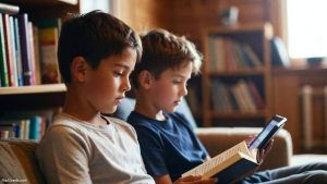 An elementary school-aged child is doing homework (PR) assisted by a mentor at the library or community center after school hours.