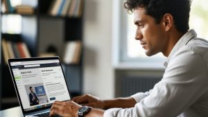 Entrepreneur using laptop to apply for business grants online with bilingual resources