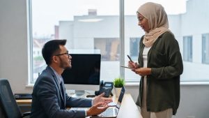 Local CDFI lender discussing flexible loan options with a minority woman entrepreneur