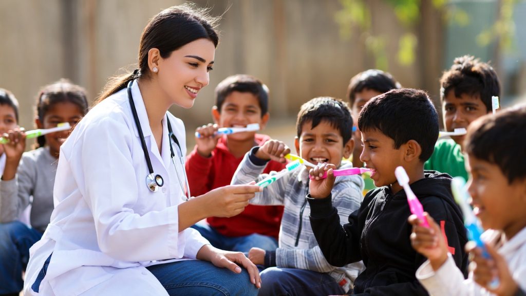 Dental students participating in a community outreach program teaching children how to brush teeth.