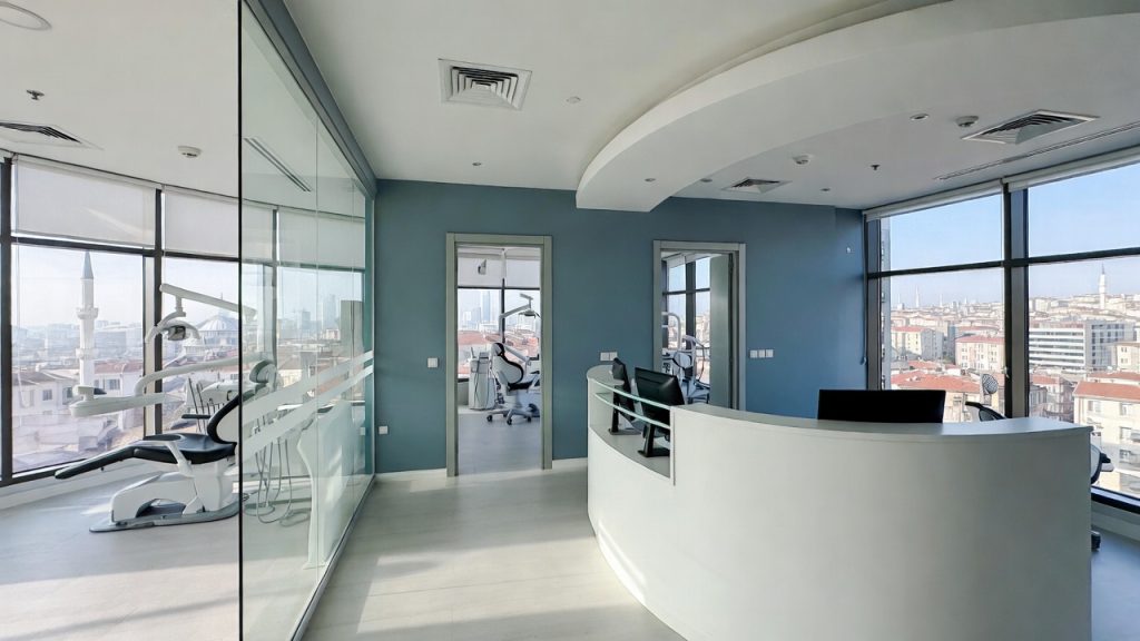 A modern, high-tech dental clinic in Istanbul with a view of the city