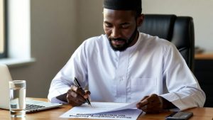 Muslim entrepreneur reviewing Sharia compliant financing contract without interest.