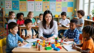 Sekelompok anak-anak beragam etnis sedang bermain balok edukatif di dalam kelas Head Start yang cerah dan penuh warna.