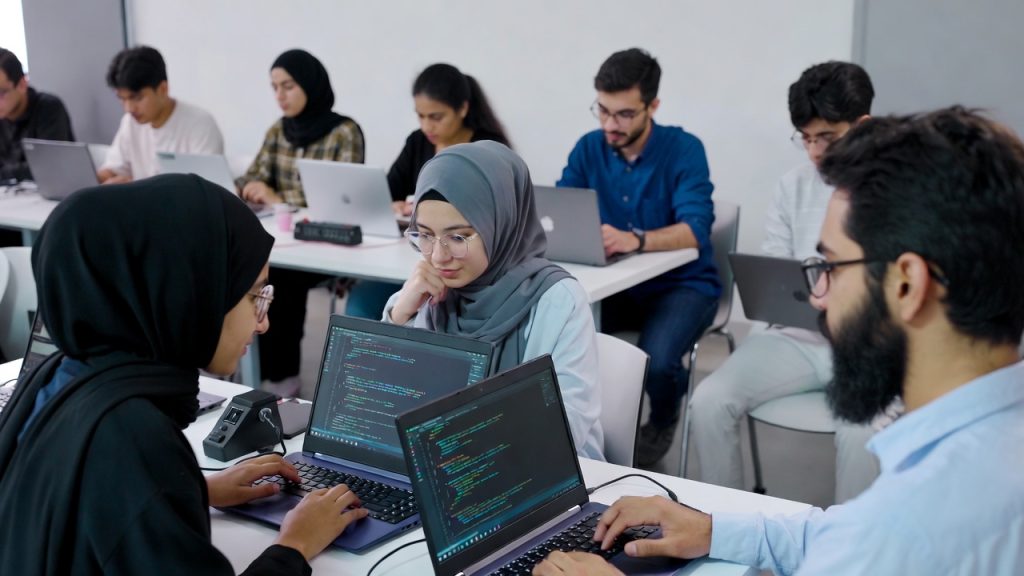 Diverse group of students including a girl in hijab learning to code on laptops.