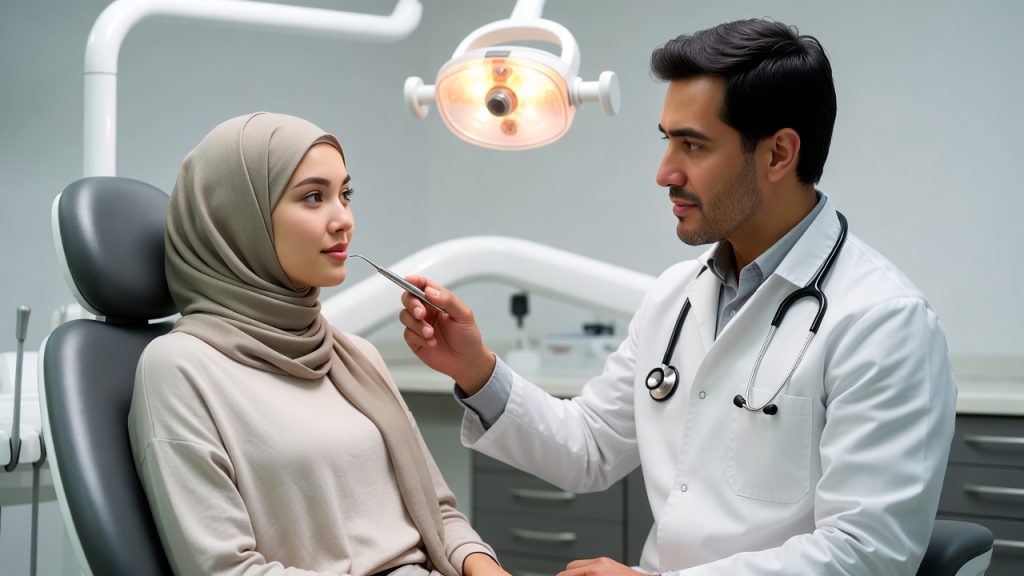 A Muslim woman wearing a hijab consulting with a dentist about restorative procedures