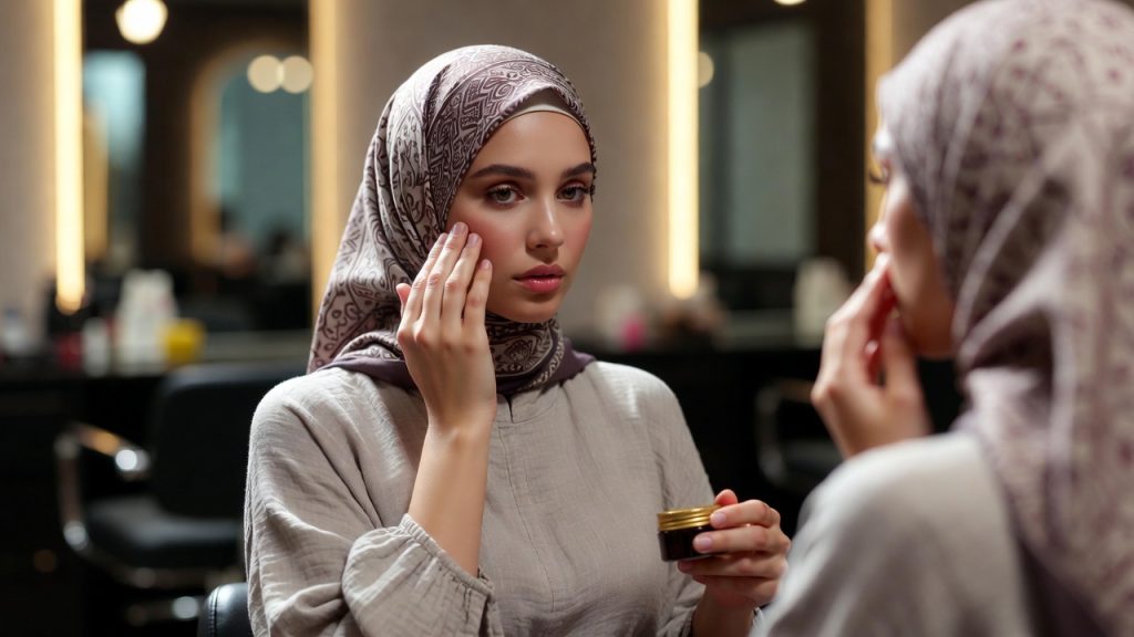 A Muslim woman in a stylish hijab applying makeup or doing skincare in a salon setting.