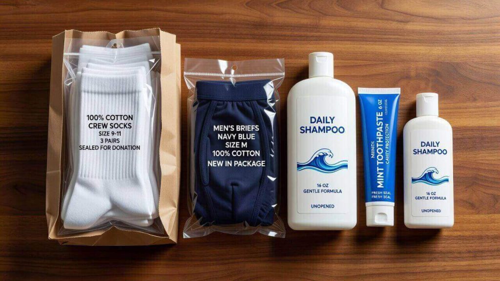 A collection of new, packaged socks, underwear, and full-size toiletry bottles ready for donation to a shelter.
