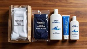 A collection of new, packaged socks, underwear, and full-size toiletry bottles ready for donation to a shelter.