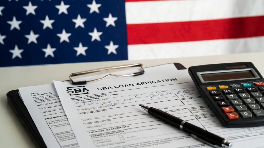 SBA loan application paperwork and US flag representing government backed financing.