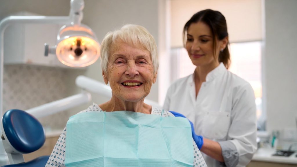 An elderly patient smiling confidently after receiving dental treatment, standing next to a kind dentist