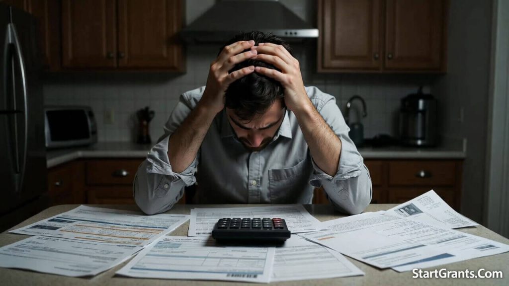 A distressed family member reviewing overwhelming medical bills and hospital debt after a cancer loss, representing financial destitution.