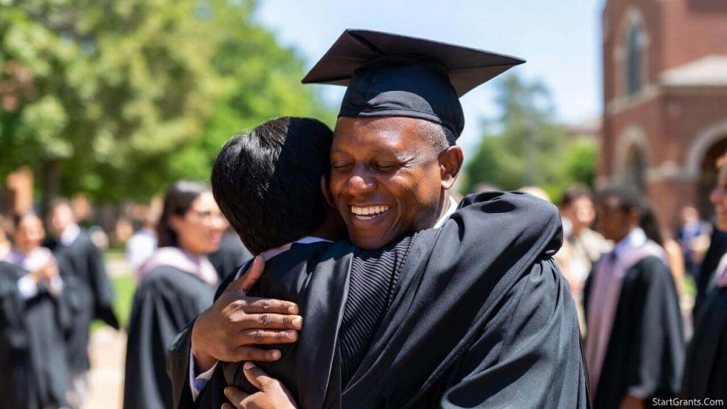 A proud adult learner in a graduation cap and gown hugging their child, representing the success of returning to school using financial aid and grants.