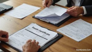 A grieving family member organizing required documents, such as a death certificate and funeral home invoice, to apply for charitable funeral assistance.