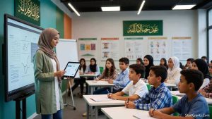 A diverse group of Muslim students in a private Islamic school classroom using new educational technology funded by federal equitable services and private grants.