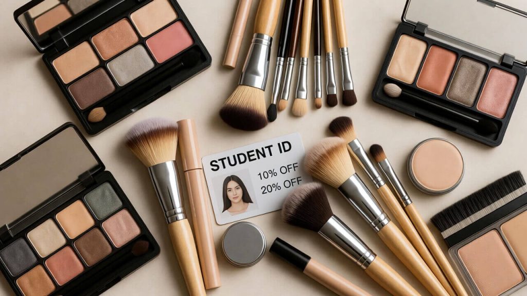 Professional makeup artist kit flatlay including brushes and palettes with a student ID card for discounts.