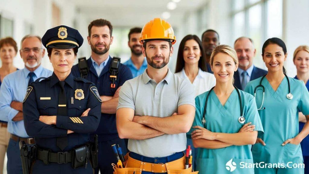 A diverse group of adults in various career uniforms such as a police officer, construction worker, and medical assistant smiling confidently