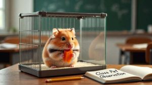 A golden hamster inside a modern glass cage on a school desk next to a student observation notebook