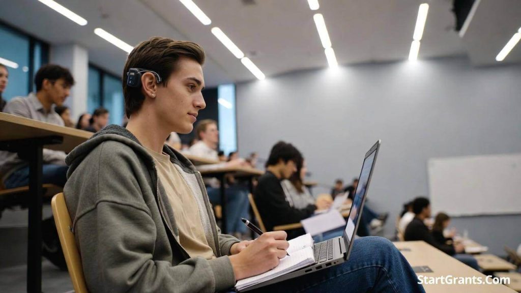 A confident college student with a hearing aid taking notes on a laptop in a lecture hall