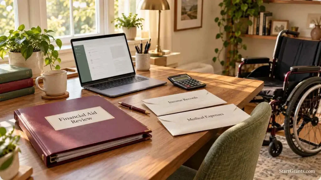 Financial aid folder, income and medical expense envelopes, calculator, and textbooks beside an unoccupied wheelchair.