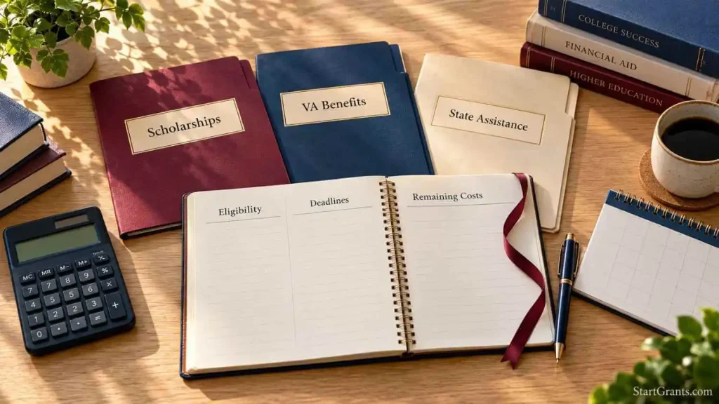 Scholarship, VA benefits, and state assistance folders beside a planning notebook and calculator.