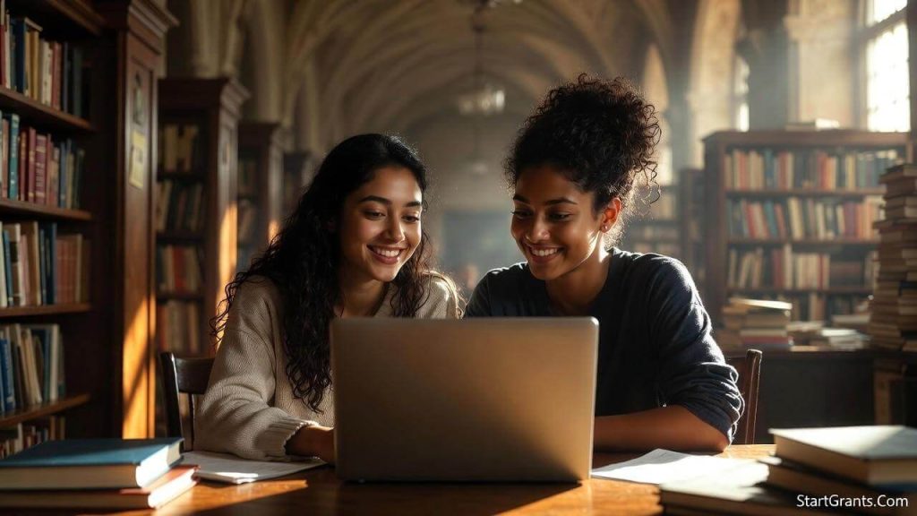 Two female college students smiling while researching university scholarships on a laptop in a library