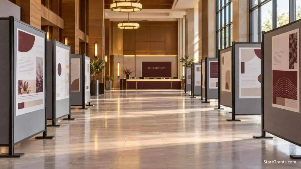 Empty academic poster hall prepared for a graduate research conference.