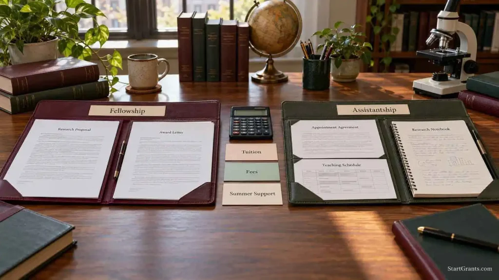 Fellowship and assistantship portfolios beside tuition, fees, and summer support cards on an empty research workbench