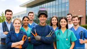 A diverse group of skilled trade students in front of a vocational training center
