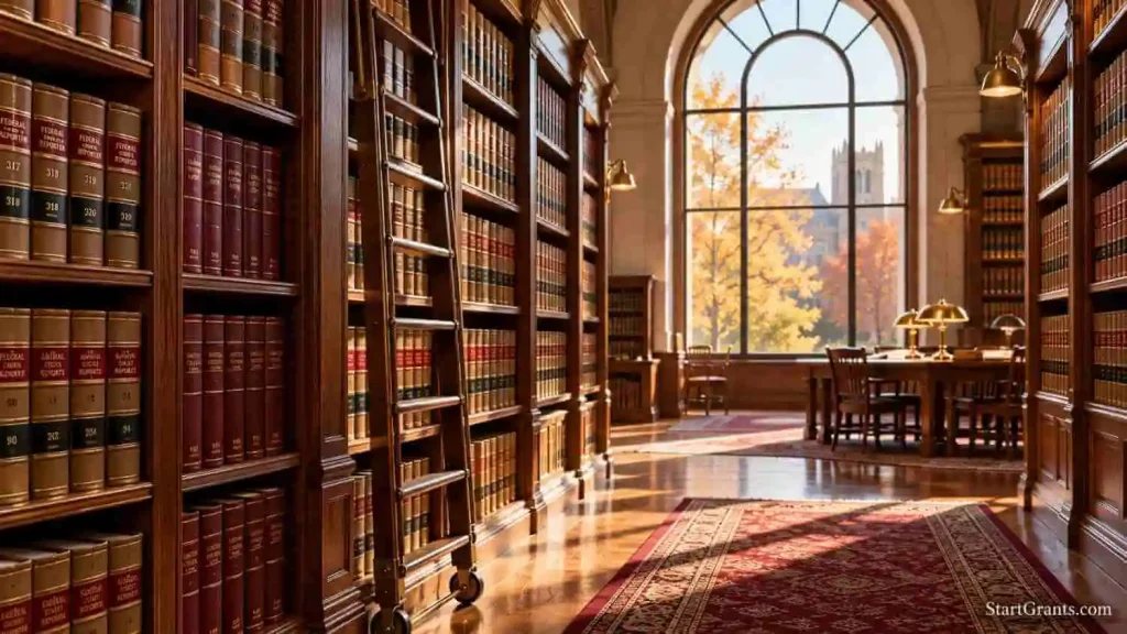 Empty university law library illustrating opportunities supported by law school scholarships.