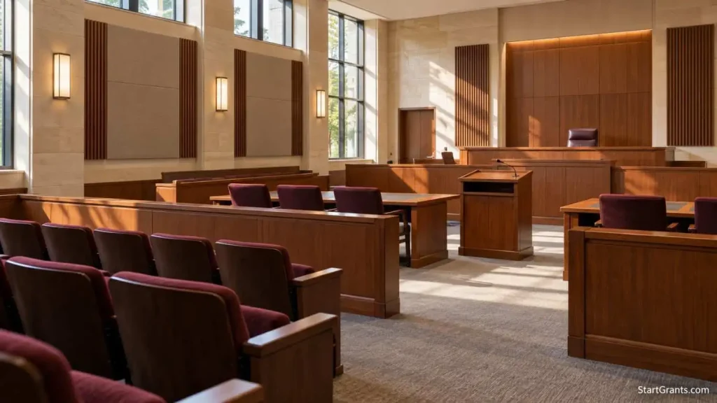 Empty moot courtroom illustrating the career path beyond law school scholarships.