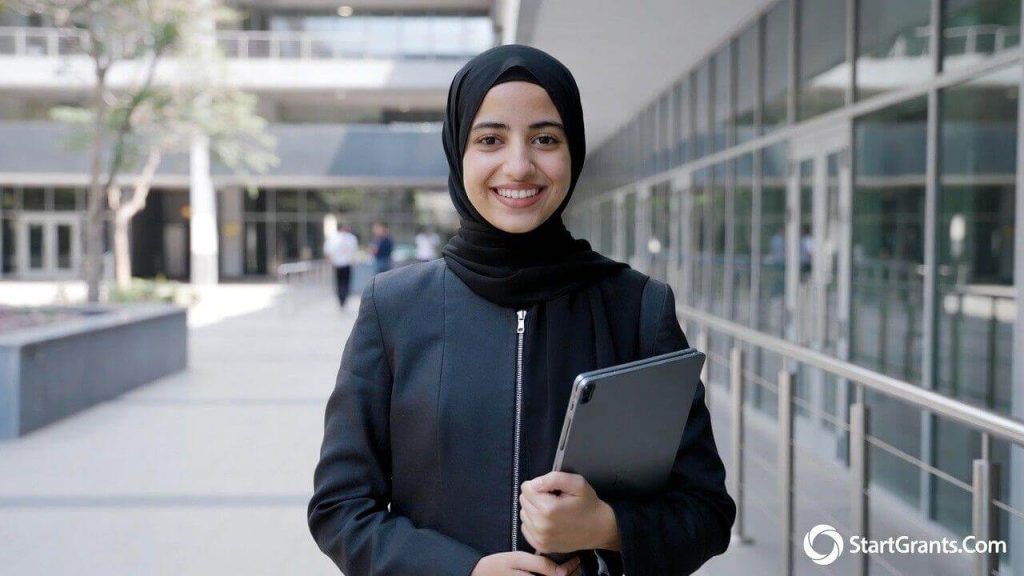 A confident Muslim female college student holding a tablet on a university campus