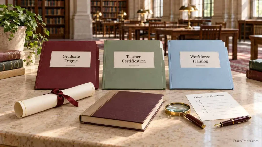 Three folders for graduate degrees, teacher certification, and workforce training beside a diploma and eligibility checklist