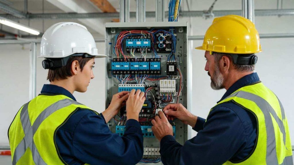 An adult electrical apprentice learning how to wire a panel from a master tradesman through a registered apprenticeship program