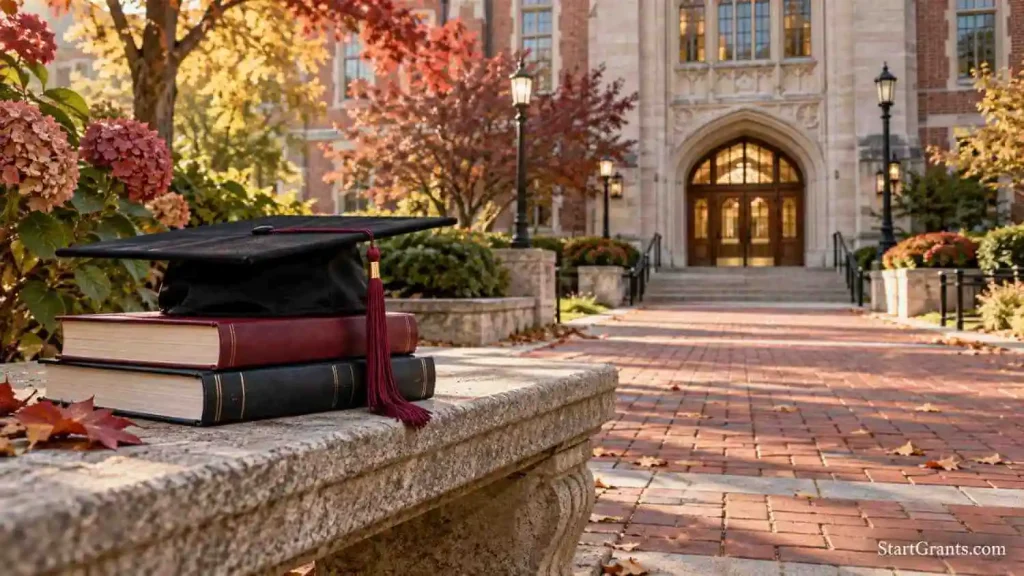 Campus walkway and graduation cap illustrating scholarships for people with dyslexia