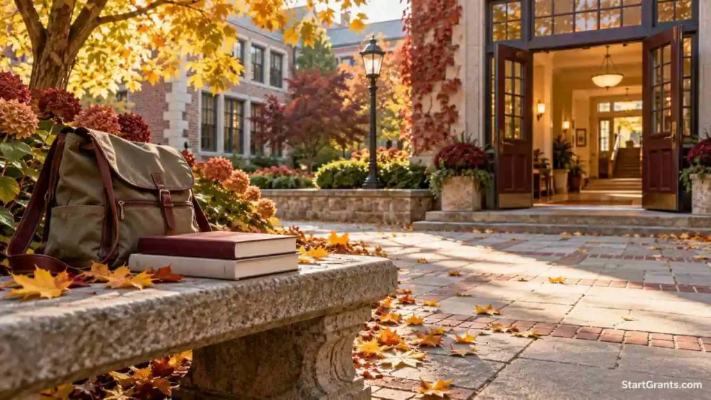 College courtyard with textbooks and a book bag illustrating scholarships for women over 50.